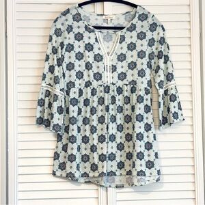 Red Camel Blue Patterned Peasant Blouse Top Bell Sleeve Boho Bohemian Size XS